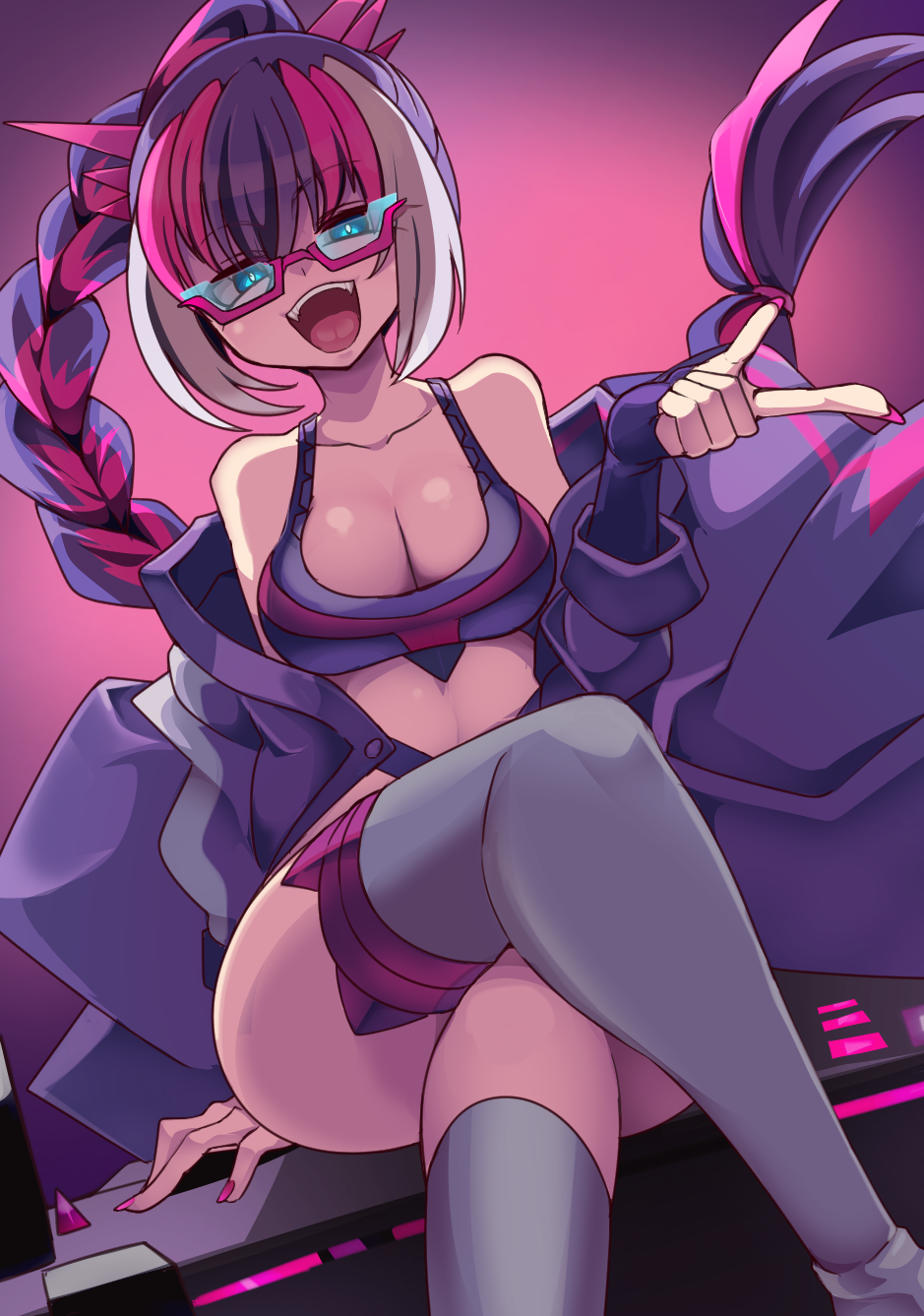 borokuro, naganadel, nintendo, pokemon, commentary request, highres, 1girl, aqua eyes, ass, bare shoulders, braid, breasts, bright pupils, cleavage, collarbone, crossed legs, elbow gloves, fangs, fingerless gloves, fingernails, gen 7 pokemon, gloves, jacket, long hair, long sleeves, midriff, nail polish, open clothes, open jacket, open mouth, personification, pink-framed eyewear, pink hair, pink nails, purple gloves, purple hair, purple jacket, shiny skin, single braid, sitting, smile, solo, teeth, ultra beast, upper teeth only, white hair, white pupils