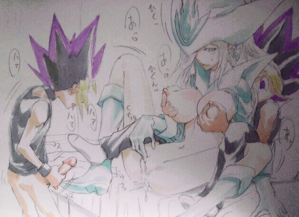 muto yugi, silent magician, yami yugi, yu-gi-oh!, artist request, tagme, 1girl, 2boys, duel monster, multiple boys, nipples, uncensored