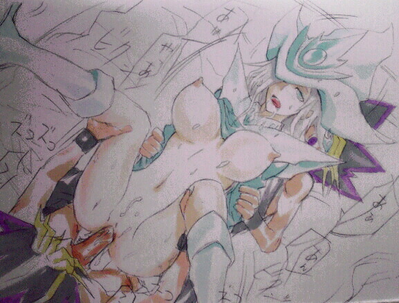muto yugi, silent magician, yami yugi, yu-gi-oh!, artist request, tagme, 1girl, 2boys, duel monster, multiple boys, nipples, uncensored