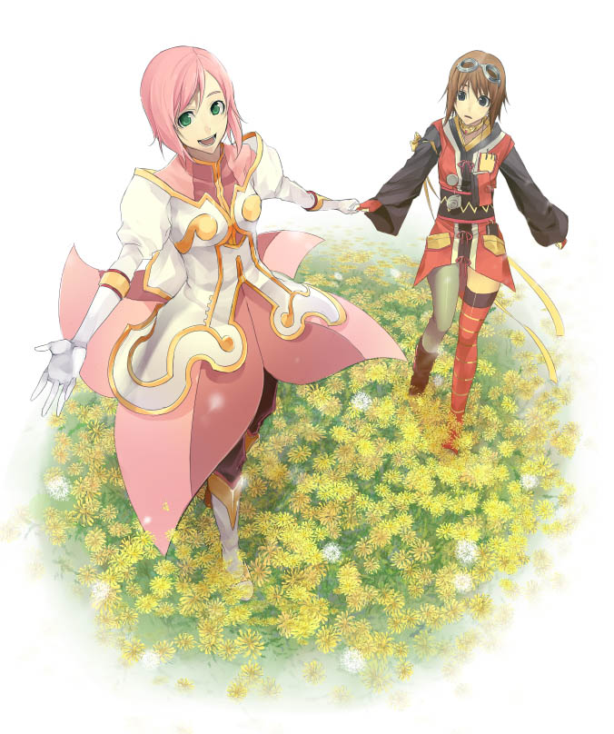 izumi (nagashi), estellise sidos heurassein, rita mordio, tales of (series), tales of vesperia, bad id, bad pixiv id, 00s, 2girls, boots, brown hair, gloves, goggles, green eyes, knee boots, multiple girls, pantyhose, pink hair, ribbon, single leg pantyhose, thighhighs