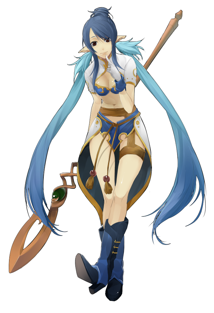 izumi (nagashi), judith (tales), tales of (series), tales of vesperia, bad id, bad pixiv id, 00s, 1girl, blue boots, blue hair, boots, breasts, female focus, gloves, high heel boots, high heels, knee boots, long hair, medium breasts, pointy ears, solo