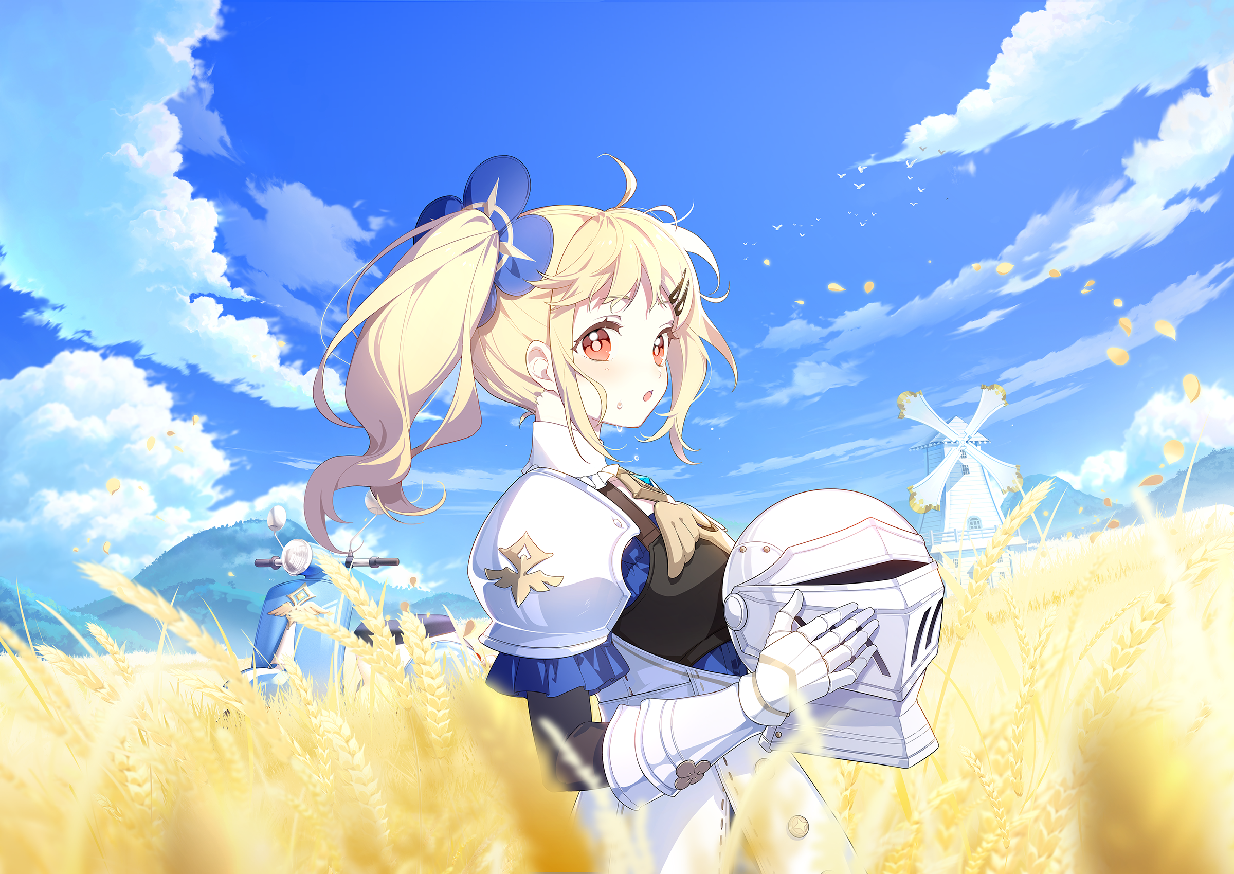 stella sora, game cg, highres, non-web source, official art, 1girl, blue dress, blue sky, cloud, day, dress, gauntlets, hair ornament, hairclip, helmet, holding, holding unworn helmet, lone nape hair, long hair, looking at viewer, motor vehicle, open mouth, orange eyes, outdoors, parallel hairclips, scooter, shoulder pads, side ponytail, sidelocks, sky, solo, sweatdrop, tilia (stella sora), unworn headwear, unworn helmet, upper body, wheat field, windmill