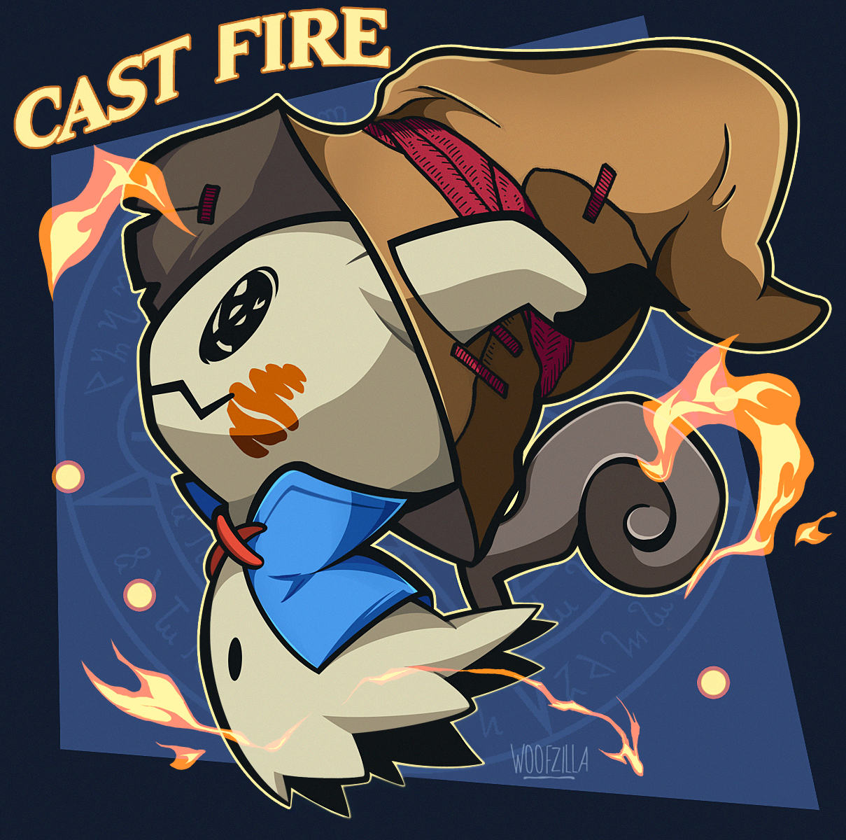 woofzilla, black mage (final fantasy), mimikyu, final fantasy, nintendo, pokemon, commentary, english commentary, highres, black eyes, black mage (final fantasy) (cosplay), blue cape, brown hat, cape, character name, clothed pokemon, cosplay, english text, fire, full body, gen 7 pokemon, hat, magic circle, no humans, pokemon (creature), signature, solo, witch hat