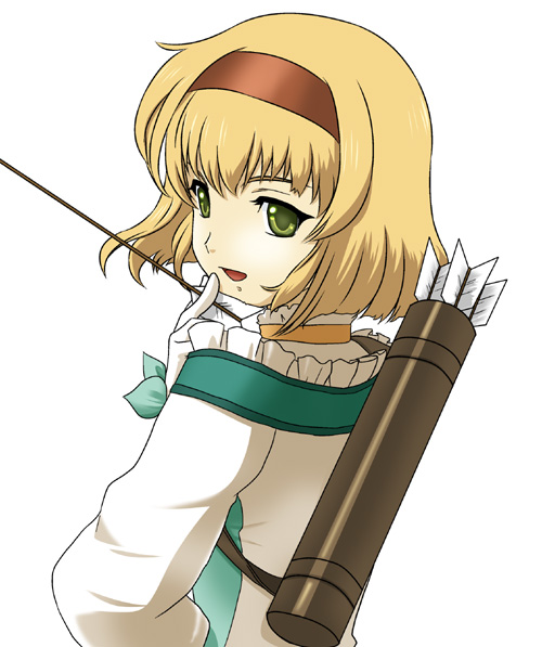 apolix, natalia luzu kimlasca lanvaldear, tales of (series), tales of the abyss, 00s, 1girl, arrow (projectile), blonde hair, female focus, gloves, green eyes, hairband, quiver, short hair, smile, solo