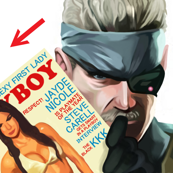 old snake, solid snake, metal gear (series), metal gear solid 4: guns of the patriots, playboy, 1boy, breasts, cleavage, english text, eyepatch, facial hair, gloves, headband, magazine (object), male focus, mustache, parody, solo, white hair