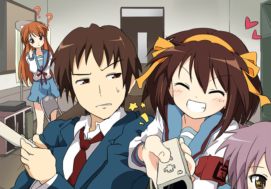 ixy, asahina mikuru, kyon, nagato yuki, suzumiya haruhi, suzumiya haruhi no yuuutsu, 00s, 1boy, 3girls, ?, brown hair, classroom, game console, grin, hairband, multiple girls, playing games, school, school uniform, serafuku, short hair, smile, video game, wii