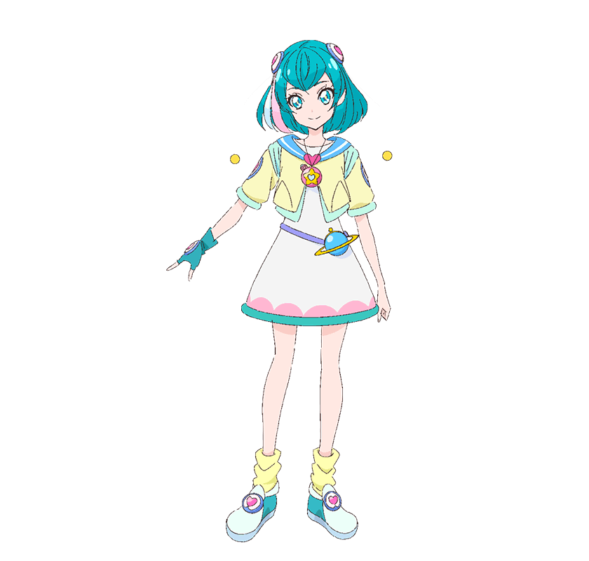 hagoromo lala, precure, star twinkle precure, official art, second-party source, 1girl, aqua eyes, aqua gloves, aqua hair, aqua shoes, blue sailor collar, closed mouth, dress, fingerless gloves, full body, gloves, jacket, looking at viewer, multicolored hair, sailor collar, shoes, short hair, smile, socks, solo, standing, star (symbol), streaked hair, tachi-e, transparent background, white dress, yellow jacket, yellow socks