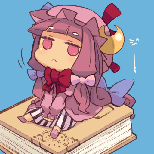 mota, patchouli knowledge, touhou, 1girl, :<, book, chibi, female focus, hat, long hair, purple hair, ribbon, solo, very long hair