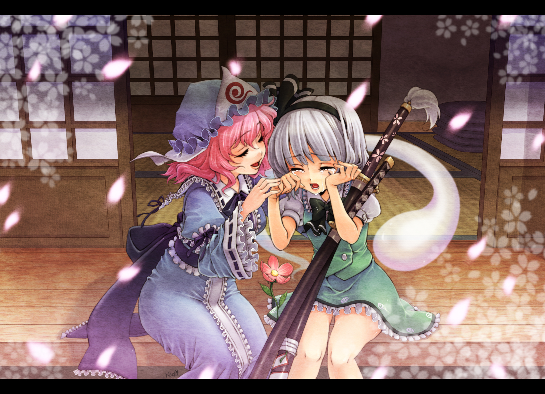 namisaki yuka, konpaku youmu, konpaku youmu (ghost), saigyouji yuyuko, touhou, silver hair, bad id, highres, 2girls, cherry blossoms, closed eyes, comforting, crying, female focus, flower, hat, hitodama, japanese clothes, katana, letterboxed, multiple girls, petals, pink hair, porch, short hair, sitting, smile, sword, tears, veranda, weapon