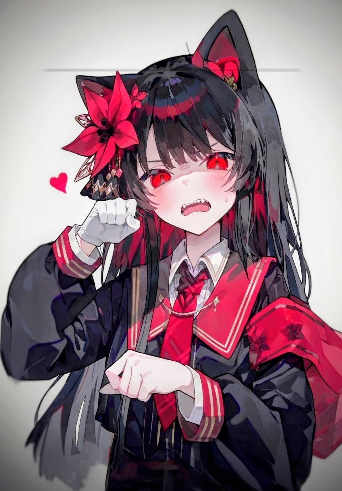 nikaido hiro, mahou shoujo no majo saiban, highres, 1girl, animal ears, armband, black hair, black jacket, blush, cat ears, collared shirt, colored inner hair, disgust, fangs, flower, gloves, hair flower, hair ornament, heart, jacket, long hair, long sleeves, looking at viewer, multicolored hair, necktie, open mouth, paw pose, red armband, red eyes, red flower, red hair, red necktie, sailor collar, shirt, single glove, solo, teeth, upper body, upper teeth only, white gloves, white shirt, zv64exhcr773431 (ai)