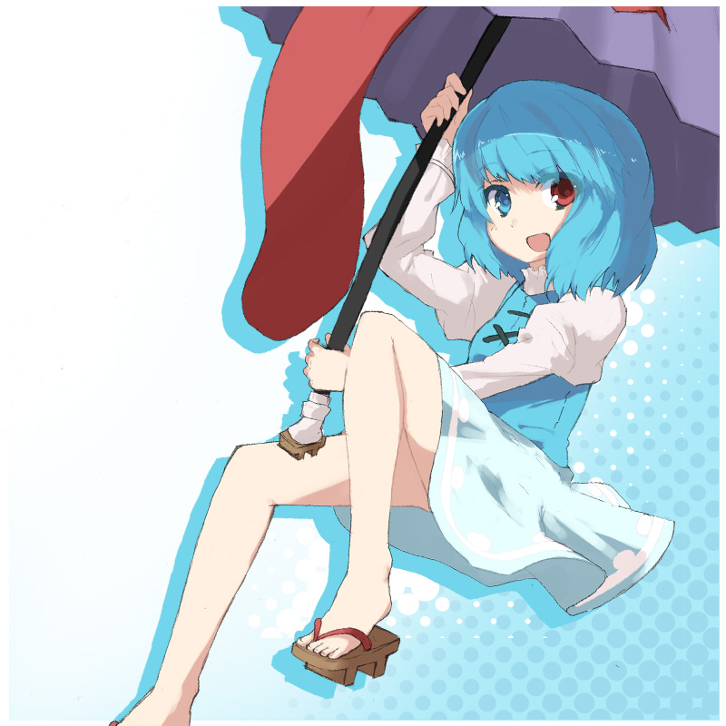 h@ll, halluka, tatara kogasa, touhou, bad id, bad pixiv id, 1girl, blue background, blue eyes, blue hair, female focus, geta, heterochromia, juliet sleeves, karakasa obake, legs, long sleeves, matching hair/eyes, no socks, oil-paper umbrella, puffy sleeves, red eyes, simple background, skirt, skirt set, smile, solo, tongue, umbrella, white background