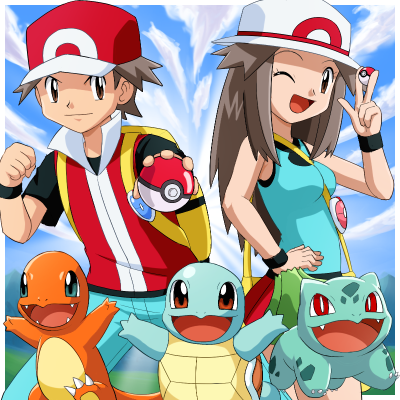 pokemoa, bulbasaur, charmander, leaf (pokemon), red (pokemon), red (pokemon frlg), squirtle, nintendo, pokemon, pokemon frlg, lowres, source request, 00s, 1boy, 1girl, backpack, bag, gen 1 pokemon, hat, holding, holding poke ball, one eye closed, poke ball, poke ball (basic), pokemon (creature), porkpie hat, randoseru, starter pokemon trio, wink