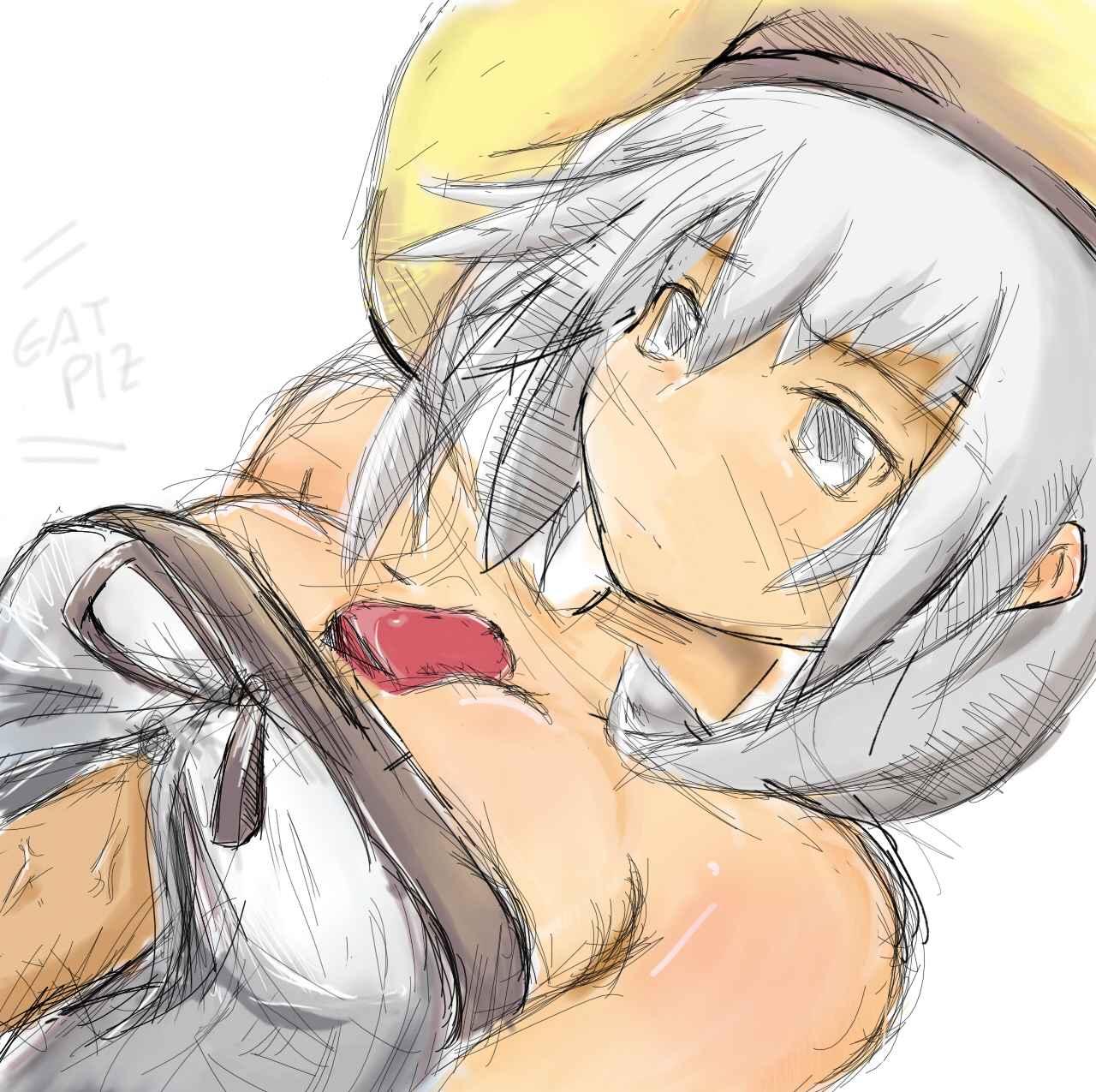 lucia (luminous arc), luminous arc, highres, 1girl, bare shoulders, breasts, hat, large breasts, paizuri, paizuri under clothes, penis, ribbon, sketch, solo focus, uncensored