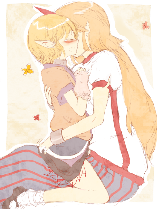 atoki, hoshiguma yuugi, mizuhashi parsee, touhou, 2girls, blonde hair, blush, female focus, horns, kiss, multiple girls, pointy ears, profile, single horn, sitting, sketch, straddling, tears, yuri