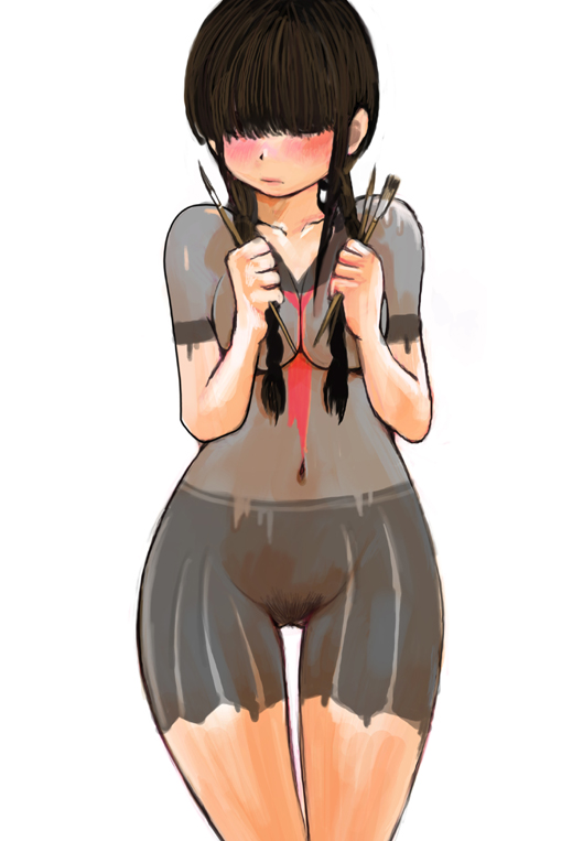 kazaana, original, 1girl, art brush, bike shorts, blush, bodypaint, braid, breasts, brown hair, cleavage, covering breasts, covering privates, embarrassed, false clothes, female focus, female pubic hair, hair over eyes, hair over shoulder, hip focus, large breasts, naked paint, navel, necktie, nude, nude cover, paintbrush, painted clothes, pubic hair, school uniform, serafuku, simple background, skirt, solo, thigh gap, thighs, twin braids, wide hips