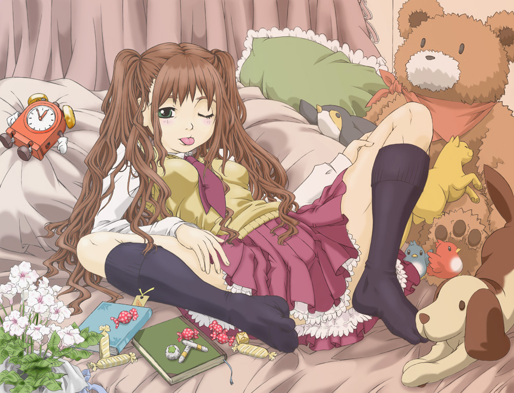mdc honpo, original, 1girl, ;p, alarm clock, bed, black socks, blush, book, brown hair, candy, clock, curly hair, feet, female focus, flower, food, frilled pillow, frills, green eyes, kneehighs, long hair, necktie, one eye closed, pillow, school uniform, skirt, socks, solo, spread legs, stuffed animal, stuffed toy, teddy bear, tongue, tongue out, twintails, wink