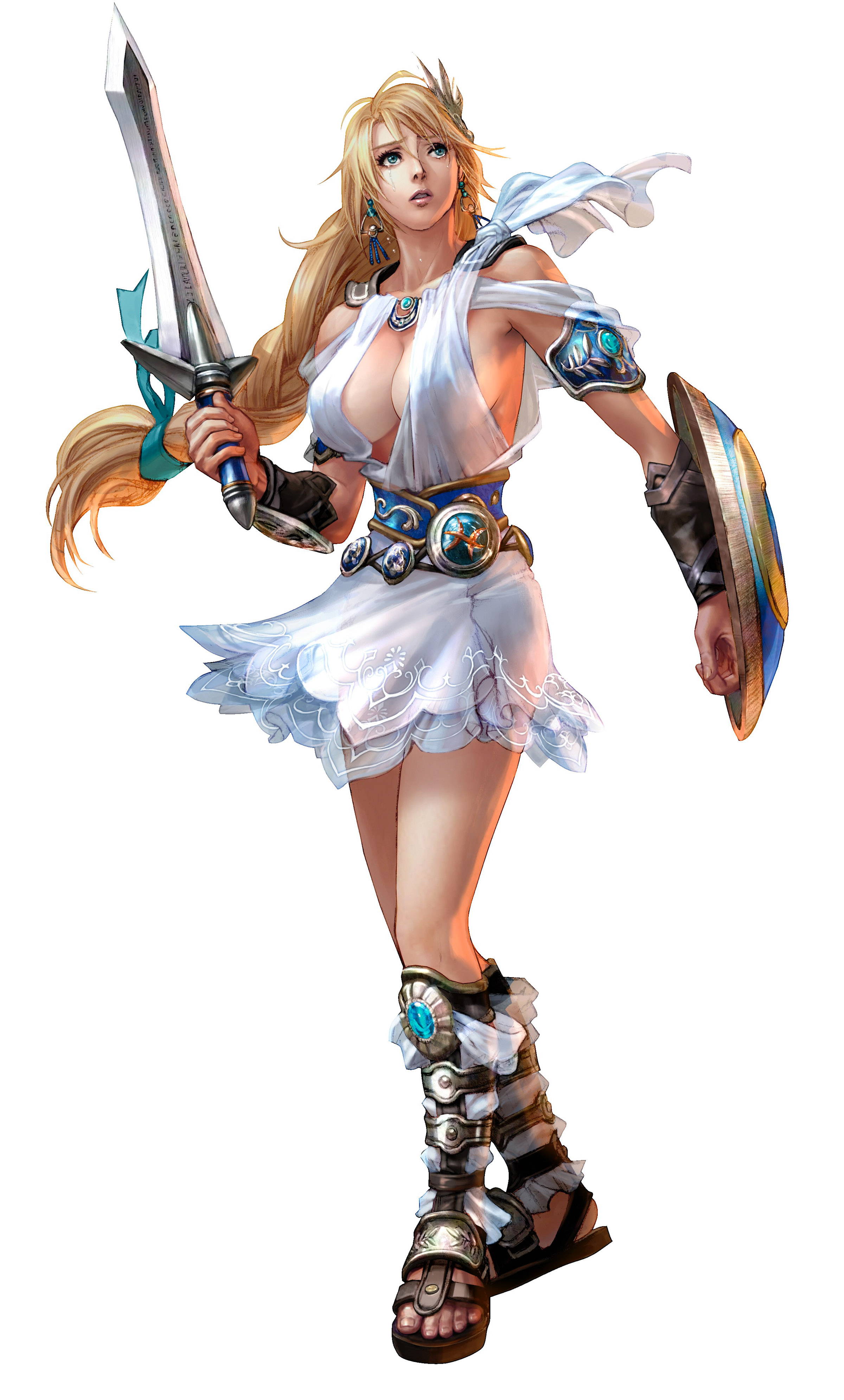 sophitia alexandra, soul calibur, soulcalibur iv, absurdres, highres, official art, blonde hair, blonde twist, blue eyes, breasts, cleavage, elk shield, goddess bracelet, goddess guards, goddess headdress, goddess robe, large breasts, long hair, omega sword, shield, skirt, sword, tears, thighs, weapon