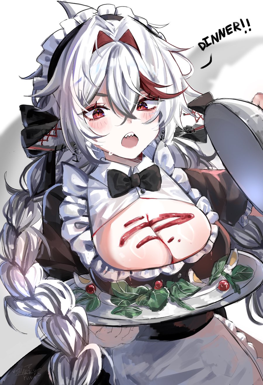 sharkyyuna, indie virtual youtuber, commentary, english commentary, highres, 1girl, alternate costume, animal ears, apron, black bow, black bowtie, black dress, blush, bow, bowtie, braid, breast rest, breasts, breasts on tray, carried breast rest, carrying, cleavage, cleavage cutout, clothing cutout, cowboy shot, crossed bangs, double-parted bangs, dress, english text, enmaided, food, food on body, food on breasts, frilled dress, frills, hair between eyes, hair intakes, holding, holding lid, holding tray, ketchup, large breasts, long hair, looking at viewer, maid, maid headdress, multicolored hair, open mouth, red eyes, red streaks, serving, sharkyyuna (vtuber), sharp teeth, short sleeves, simple background, solo, streaked hair, sweat, talking, teeth, tray, twin braids, virtual youtuber, waist apron, white apron, white background, white hair