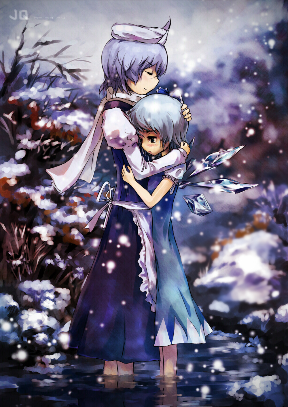 jq3c273, cirno, letty whiterock, touhou, highres, 2girls, blue hair, closed eyes, comforting, female focus, hand on another's head, hug, multiple girls, ribbon, scarf, short hair, snow, tears, wading, water