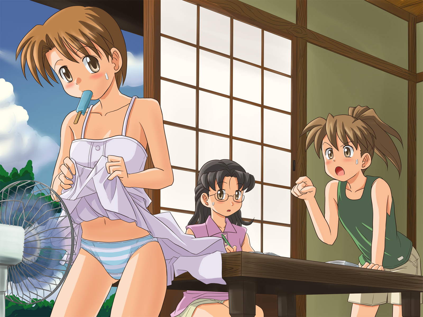 lielos, fujimoto atsuko, hikushibe aya, poniko (lielos), original, highres, 3girls, black hair, blush, brown eyes, brown hair, clothes lift, dress, dress lift, glasses, hand fan, long hair, multiple girls, navel, panties, ponytail, short hair, striped clothes, striped panties, sweat, underwear