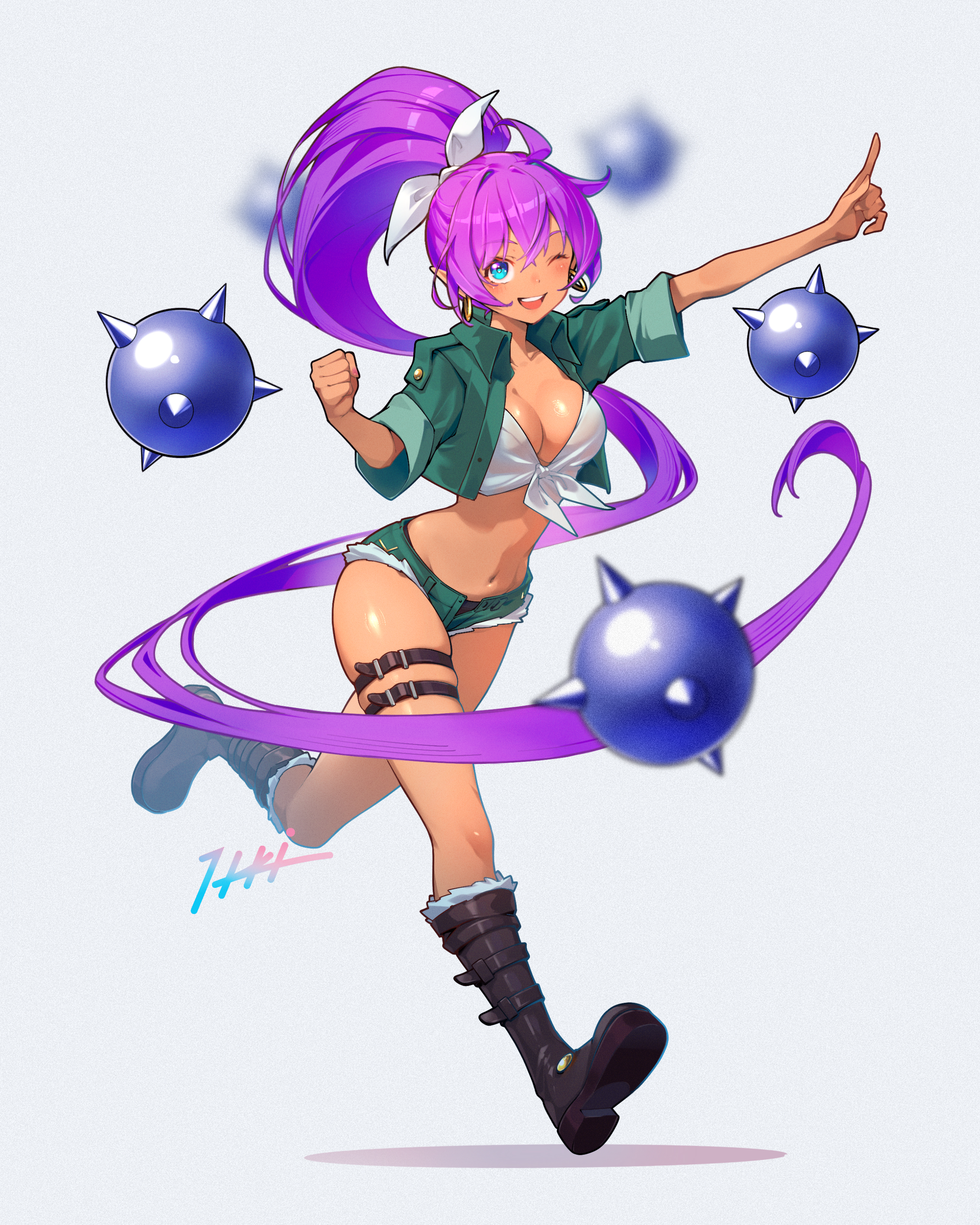 itou kazuki, shantae, shantae (series), shantae advance: risky revolution, absurdres, commentary, highres, 1girl, blue eyes, boots, breasts, cleavage, cropped jacket, dark-skinned female, dark skin, earrings, full body, hair tie, high ponytail, hoop earrings, jacket, jewelry, large breasts, long hair, looking at viewer, navel, official alternate costume, one eye closed, open clothes, open jacket, open mouth, pointing, pointy ears, ponytail, purple hair, relic hunter shantae, shirt, short shorts, shorts, signature, simple background, skindentation, smile, solo, spike ball, teeth, thigh strap, tied shirt, upper teeth only, very long hair