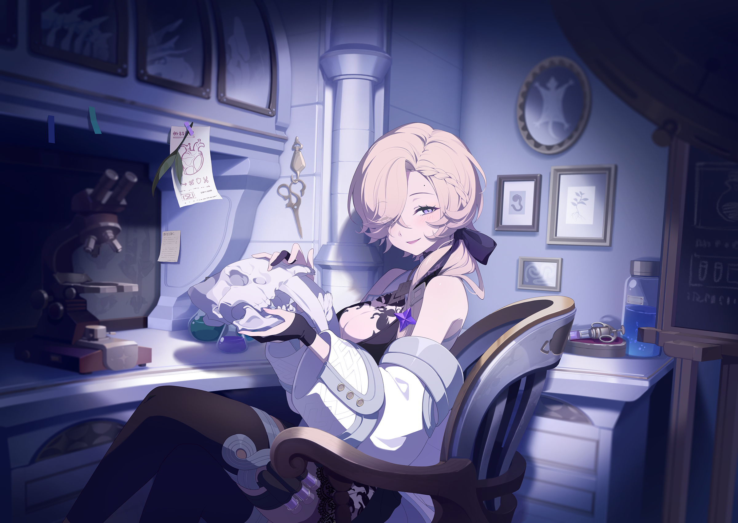 stella sora, game cg, highres, non-web source, official art, 1girl, animal skull, bare shoulders, black dress, black thighhighs, blonde hair, braid, braided bangs, breasts, chair, cleavage, coronis (stella sora), drawing (object), dress, feet out of frame, hair over one eye, holding, holding skull, indoors, large breasts, looking at viewer, microscope, on chair, one eye covered, open mouth, purple eyes, scissors, short dress, sitting, skull, solo, syringe, test tube holster, thighhighs