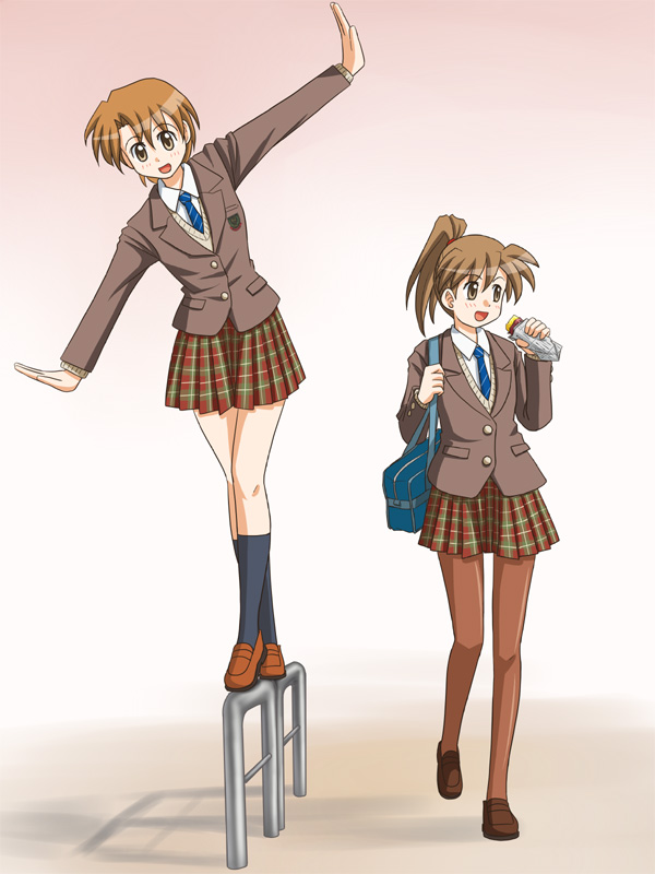 lielos, fujimoto atsuko, poniko (lielos), original, 2girls, balancing, blazer, blue necktie, brown eyes, brown hair, food, jacket, kneehighs, multiple girls, necktie, open mouth, outstretched arms, pantyhose, plaid clothes, plaid skirt, pleated skirt, ponytail, school, school uniform, skirt, socks, spread arms, sweet potato