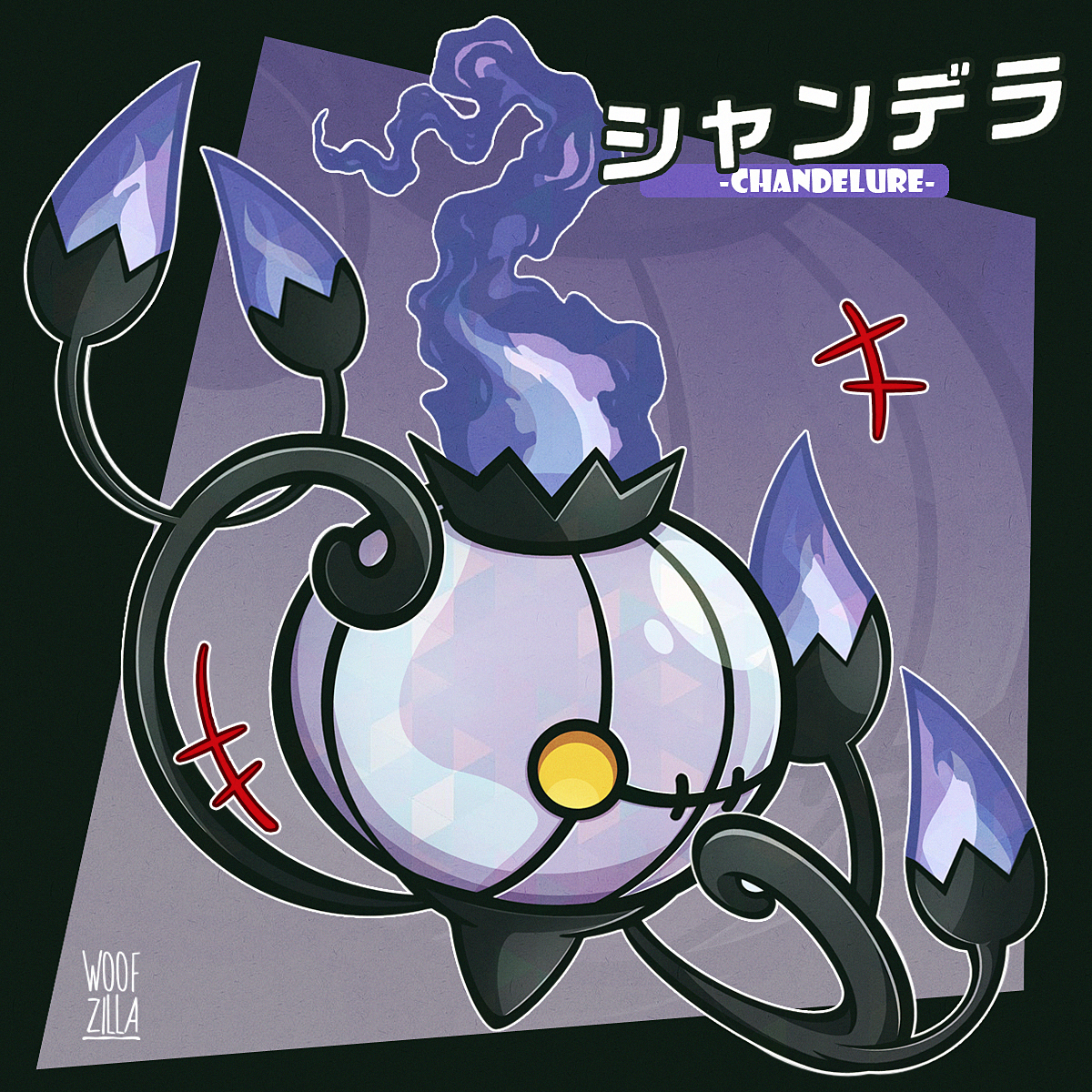 woofzilla, chandelure, nintendo, pokemon, commentary, english commentary, highres, translation request, black border, border, character name, fire, full body, gen 5 pokemon, no humans, pokemon (creature), purple fire, signature, solo, white border, yellow eyes