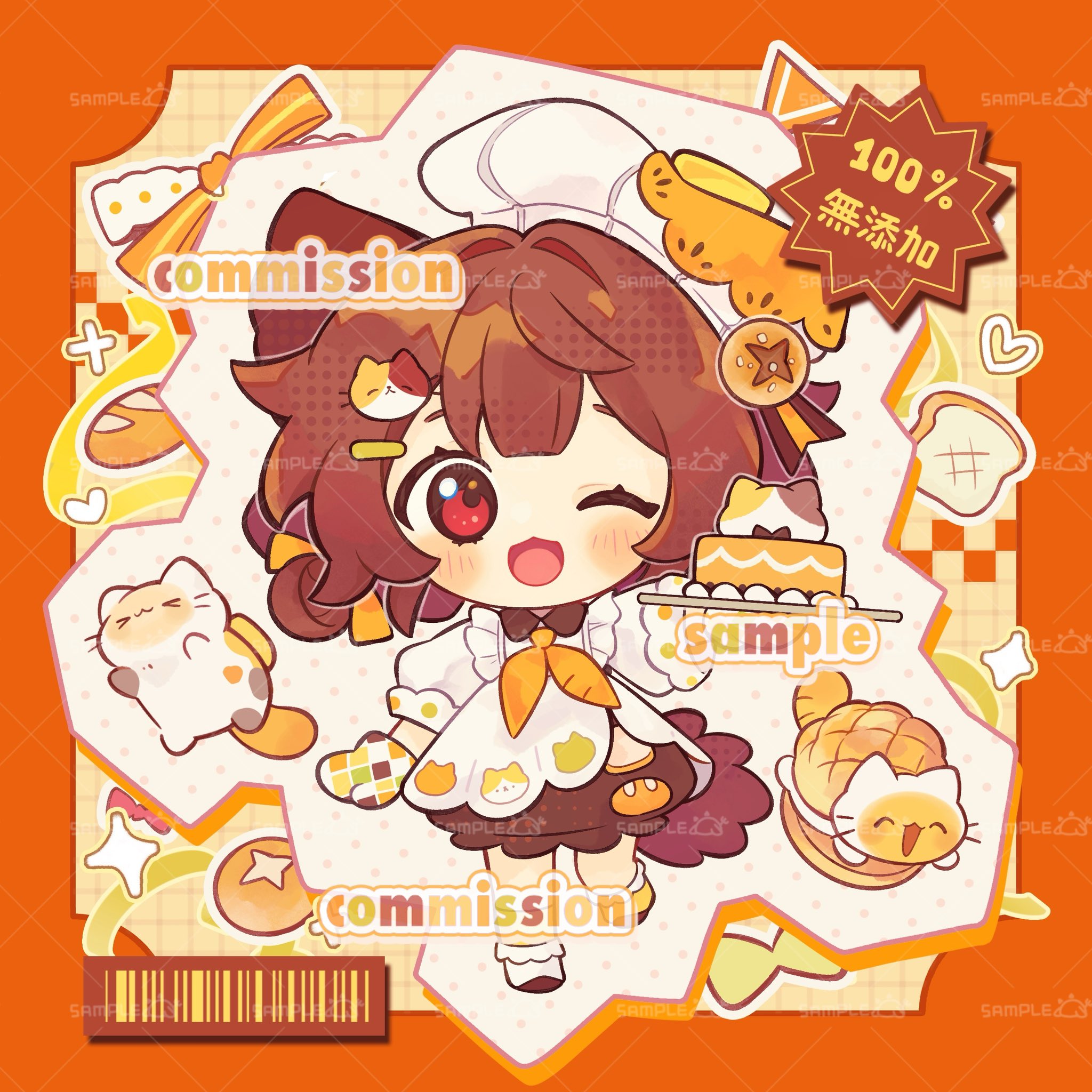 inomo (qimoshu), original, commentary, commission, hashtag-only commentary, highres, 1girl, ;d, blush, border, bread, bread slice, brown hair, brown shoes, cake, cat, chef hat, chibi, chibi only, dress, food, full body, hat, holding, holding plate, looking at viewer, neckerchief, one eye closed, open mouth, orange border, orange neckerchief, oven mitts, plate, red eyes, sample watermark, shoes, short hair, short sleeves, smile, socks, solo, standing, standing on one leg, toast, watermark, watermark grid, white dress, white hat, white socks