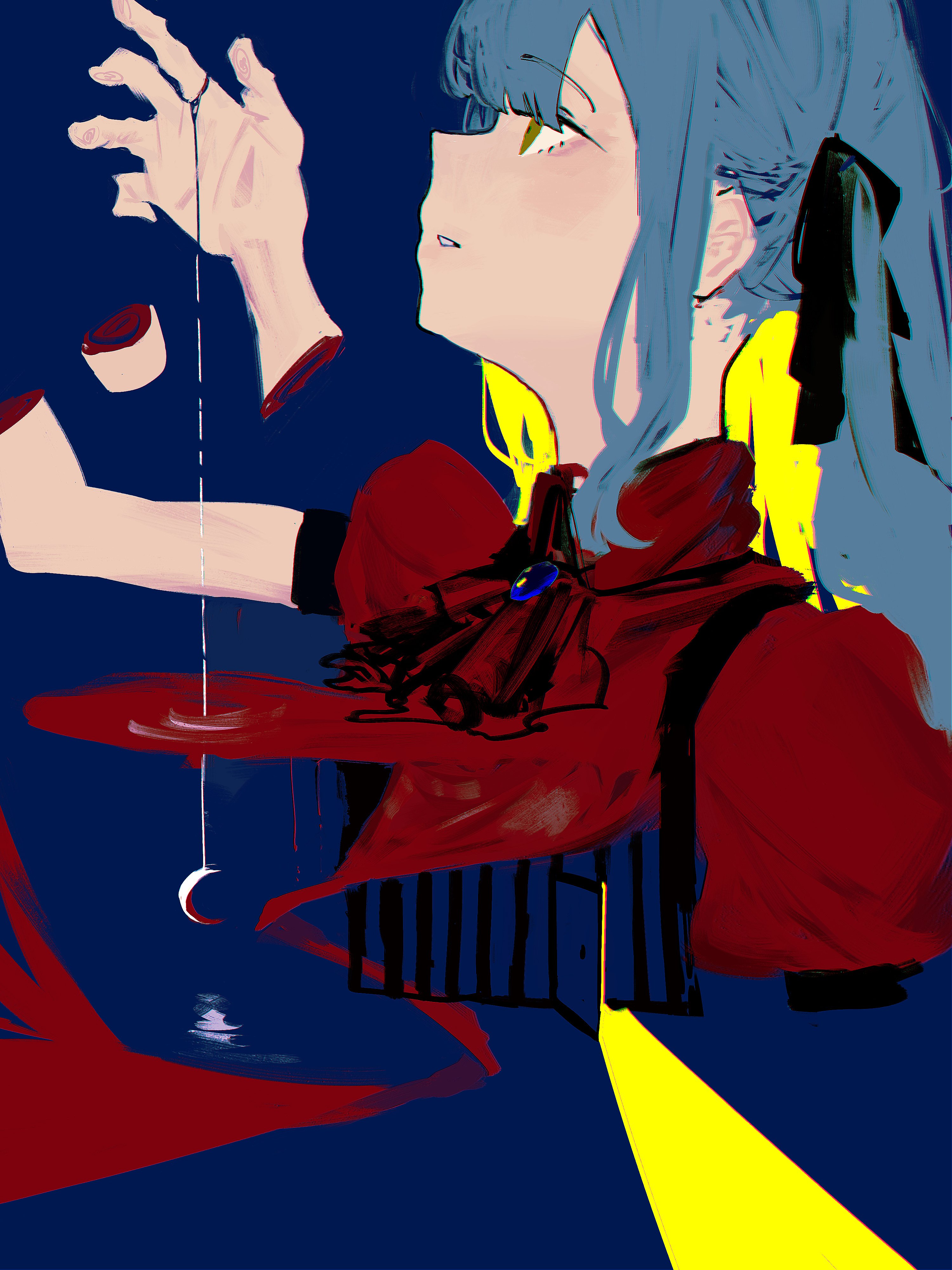 lemtun, oblivionis (bang dream!), togawa sakiko, bang dream!, bang dream! it's mygo!!!!!, absurdres, chinese commentary, commentary request, highres, 1girl, blue hair, long hair, melting, open mouth, red shirt, shirt, short sleeves, sidelocks, solo, surreal, upper body, yellow eyes