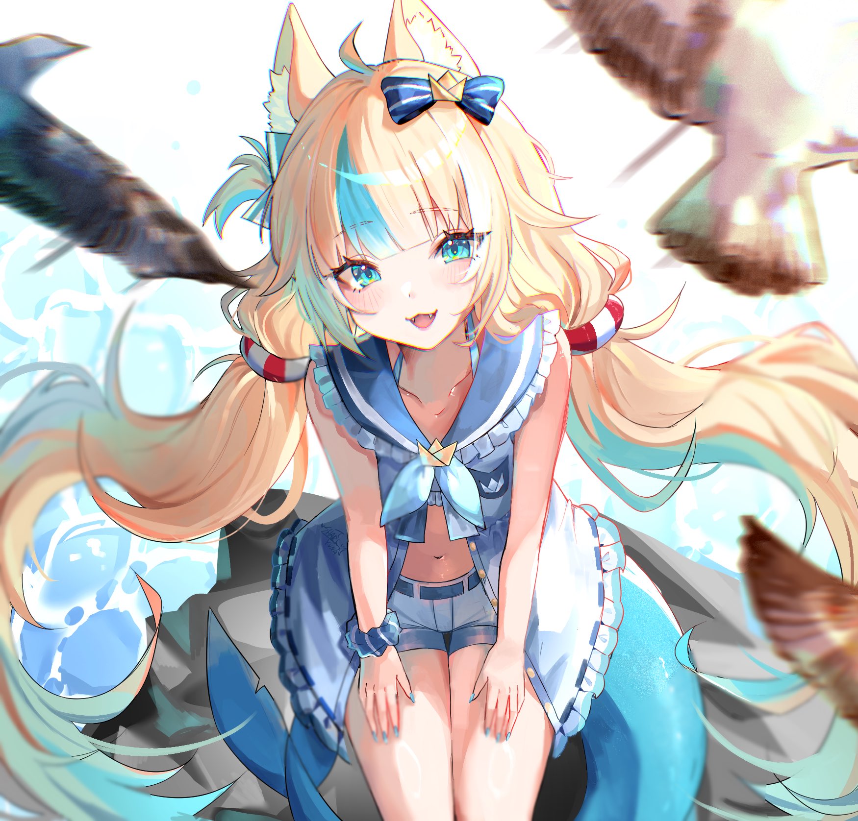 sharkyyuna, sameko saba, indie virtual youtuber, commentary, highres, 1girl, ahoge, animal ear fluff, animal ears, bird, blonde hair, blue bow, blue dress, blue eyes, blue nails, blue sailor collar, blue shorts, blunt bangs, blurry, blurry foreground, bow, cat ears, collarbone, cowboy shot, dress, fangs, fingernails, fins, fish girl, fish tail, frilled dress, frills, hair bow, leaning forward, lifebuoy hair ornament, long hair, looking at viewer, multicolored hair, nail polish, navel, open mouth, sailor collar, short shorts, shorts, sleeveless, sleeveless dress, smile, solo, streaked hair, tail, twintails, white streaks