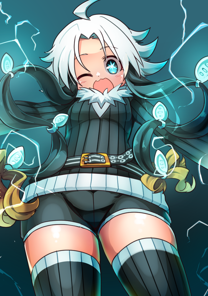 borokuro, xurkitree, nintendo, pokemon, commentary request, 1girl, :3, ahoge, aqua eyes, black hair, black shorts, black sweater, black thighhighs, blush, electricity, gen 7 pokemon, hair intakes, long sleeves, multicolored hair, one eye closed, open mouth, personification, shorts, smile, solo, star-shaped pupils, star (symbol), sweater, symbol-shaped pupils, thighhighs, twintails, two-tone hair, ultra beast, white hair, zettai ryouiki