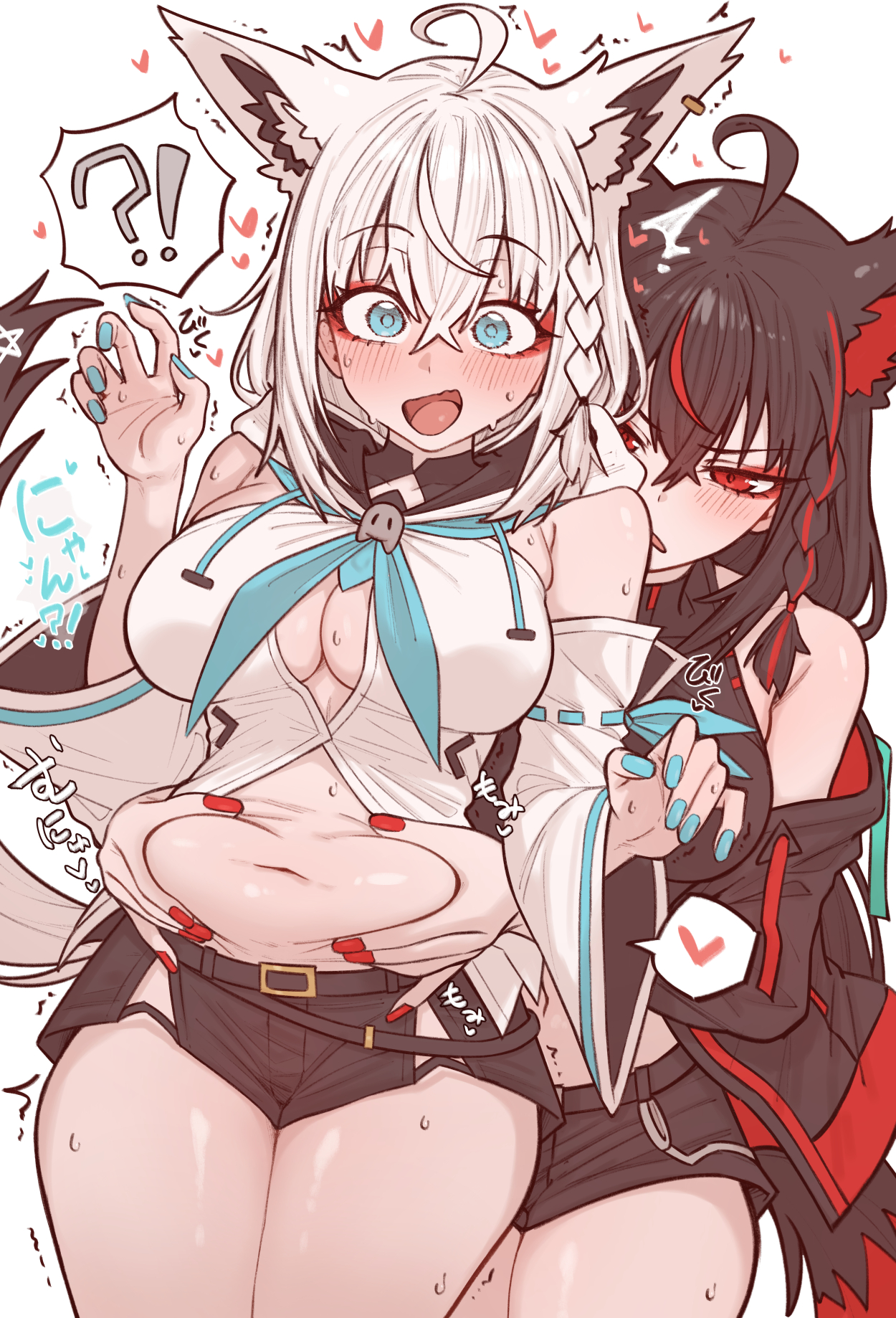 shiroi yoru, kurokami fubuki, shirakami fubuki, hololive, highres, !?, 2girls, animal ears, big belly, black hair, black shorts, blue eyes, blue nails, breasts, detached sleeves, fat, fingernails, fox ears, fox girl, grabbing another's stomach, hair between eyes, hair bun, large breasts, multicolored hair, multiple girls, nail polish, navel, plump, red hair, shorts, single hair bun, surprised, thick thighs, thighs, two-tone hair, virtual youtuber, white hair, yuri