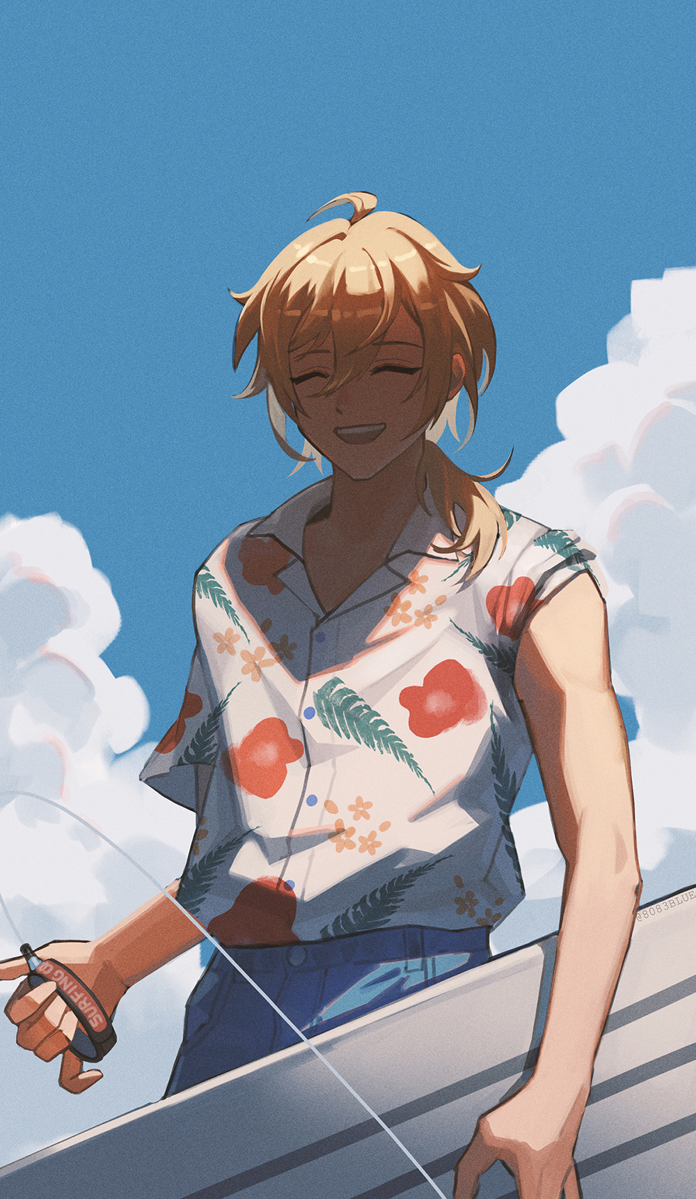 8083 blue, hakaze kaoru, ensemble stars!, commentary request, highres, 1boy, blue sky, brown hair, cloud, collared shirt, happy, hawaiian shirt, holding, male focus, outdoors, pants, shirt, short sleeves, sky, solo, summer