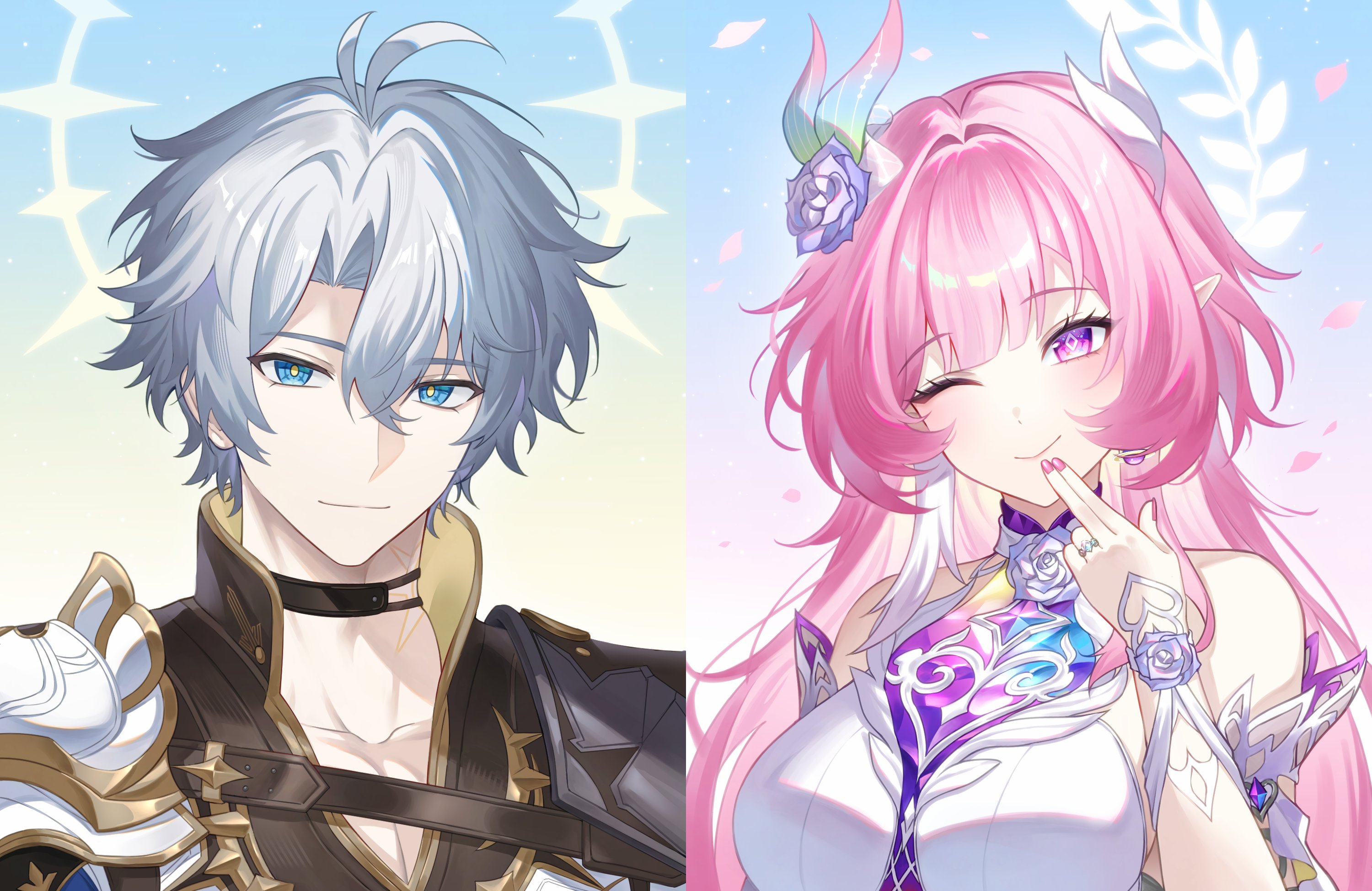 rio (rio773), cyrene (honkai: star rail), cyrene (ripples of past reverie) (honkai: star rail), phainon (honkai: star rail), honkai: star rail, honkai (series), commentary, highres, symbol-only commentary, 1boy, ;), armor, bare shoulders, black choker, blue eyes, breasts, choker, closed mouth, collarbone, diamond-shaped pupils, diamond (shape), falling petals, finger to mouth, flower, hair between eyes, hair flower, hair intakes, hair ornament, halo, hand up, jewelry, large breasts, long hair, looking at viewer, multicolored hair, nail polish, neck tattoo, one eye closed, petals, pink hair, pink nails, pink petals, pointy ears, portrait, purple eyes, purple flower, purple rose, ring, rose, shoulder armor, sidelocks, smile, symbol-shaped pupils, tattoo, two-tone hair, very long hair, white hair, yellow pupils