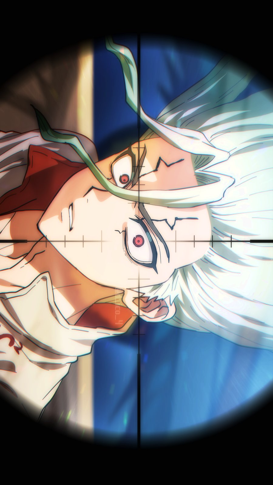 ishigami senkuu, dr. stone, highres, 1boy, aiming, clenched teeth, d ico 4, green hair, long hair, ocean, red eyes, scared, serious, shirt, simple background, teeth, upper body, water, white shirt