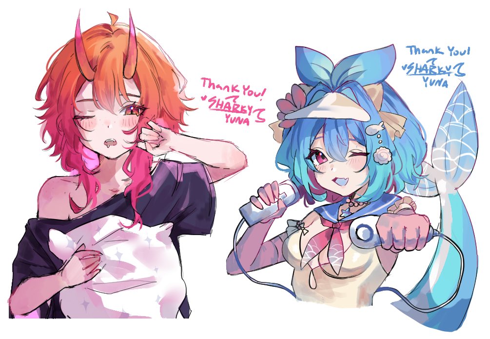 sharkyyuna, original, commentary, commission, english commentary, 2girls, bare shoulders, black shirt, blue hair, blush, breasts, cropped torso, double-parted bangs, fins, fish girl, fish tail, gradient hair, hair between eyes, hair intakes, hand up, holding, holding pillow, horns, looking at viewer, medium breasts, medium hair, multicolored hair, multiple girls, one eye closed, open mouth, orange hair, pillow, red eyes, shirt, short hair, short sleeves, simple background, sketch, smile, tail, white background, yellow shirt