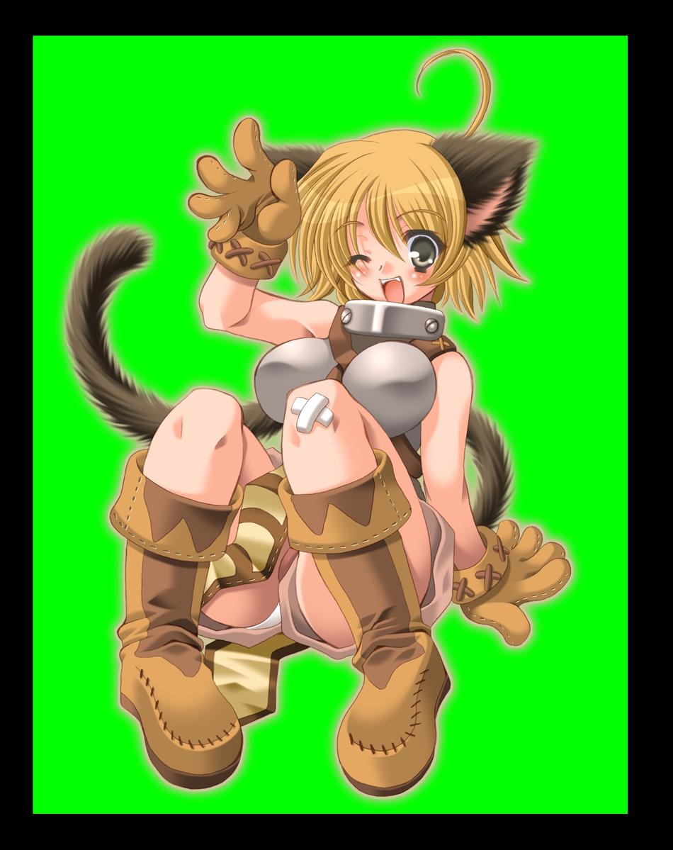 hakoiri nyanko, novice (ragnarok online), ragnarok online, ahoge, animal ears, blonde hair, breasts, cat ears, gloves, green eyes, huge breasts, laughing, one eye closed, short hair, solo, wink