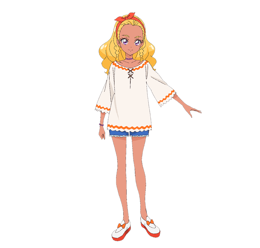 amamiya elena, precure, star twinkle precure, official art, second-party source, 1girl, blonde hair, blue shorts, bow, choker, closed mouth, dark-skinned female, dark skin, denim, denim shorts, full body, hairband, long hair, looking at viewer, mole, mole under eye, orange bow, orange hairband, purple eyes, shirt, shoes, shorts, smile, solo, standing, tachi-e, transparent background, white shirt, white shoes