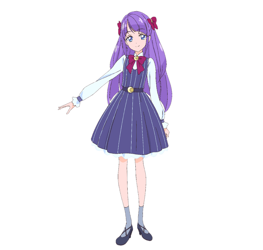 kaguya madoka, precure, star twinkle precure, official art, second-party source, 1girl, black shoes, blue eyes, bow, closed mouth, collared shirt, crescent, dress, full body, grey socks, hair bow, long hair, long sleeves, looking at viewer, neck ribbon, purple dress, purple hair, purple ribbon, ribbon, shirt, shoes, smile, socks, solo, standing, tachi-e, white shirt
