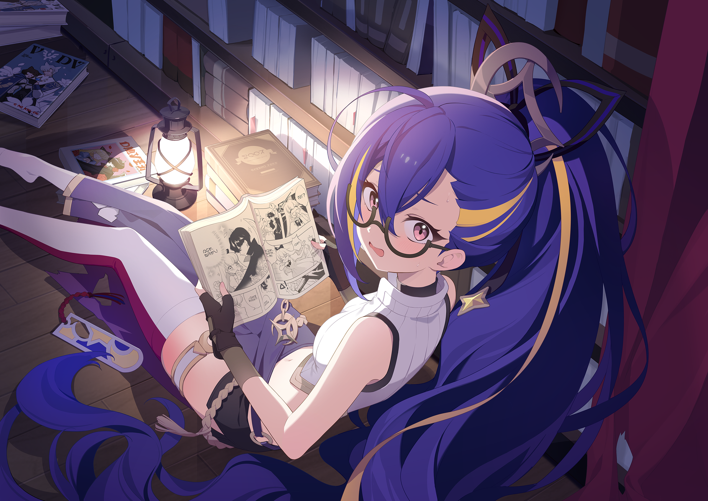 minova (stella sora), stella sora, game cg, highres, non-web source, official art, 1girl, ahoge, blonde hair, blue hair, book, bookmark, bookshelf, breasts, caught, crop top, cropped shirt, embarrassed, holding, holding book, holding manga, long hair, looking at viewer, manga (object), medium breasts, midriff, multicolored hair, oil lamp, on floor, pink eyes, reading, shirt, single vertical stripe, sitting, sleeveless, sleeveless shirt, solo, streaked hair, thighhighs, very long hair, white shirt, white thighhighs, wooden floor