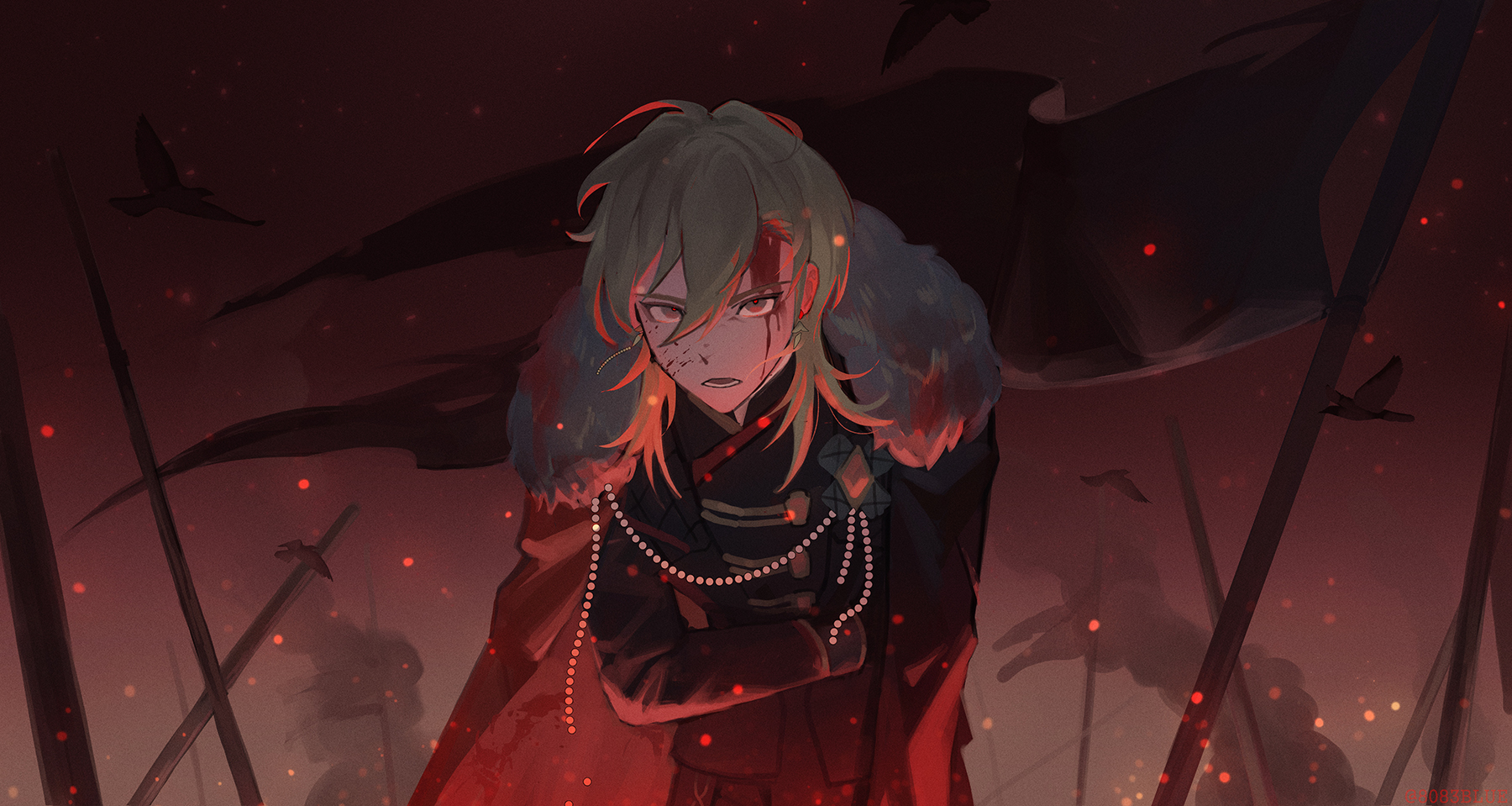8083 blue, hakaze kaoru, ensemble stars!, commentary request, highres, 1boy, battlefield, black jacket, blood, blood on face, brown hair, cape, earrings, flag, fur-trimmed cape, fur trim, hair between eyes, injury, jacket, jewelry, long hair, long sleeves, looking at viewer, male focus, outdoors, scorpio's venom (ensemble stars!), solo, upper body