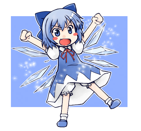 sige, cirno, embodiment of scarlet devil, touhou, lowres, 1girl, :d, arms up, bloomers, blue eyes, blue hair, blush stickers, fang, female focus, matching hair/eyes, open mouth, outstretched arms, short hair, smile, solo, spread arms, underwear