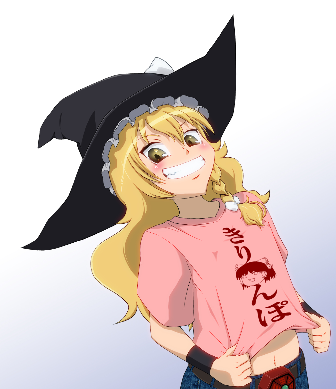 jimaken, zimaken, kirisame marisa, touhou, bad id, bad pixiv id, highres, 1girl, blonde hair, braid, clothes writing, female focus, grin, midriff, mini-hakkero, navel, shirt, smile, solo, t-shirt, wristband, yukkuri shiteitte ne