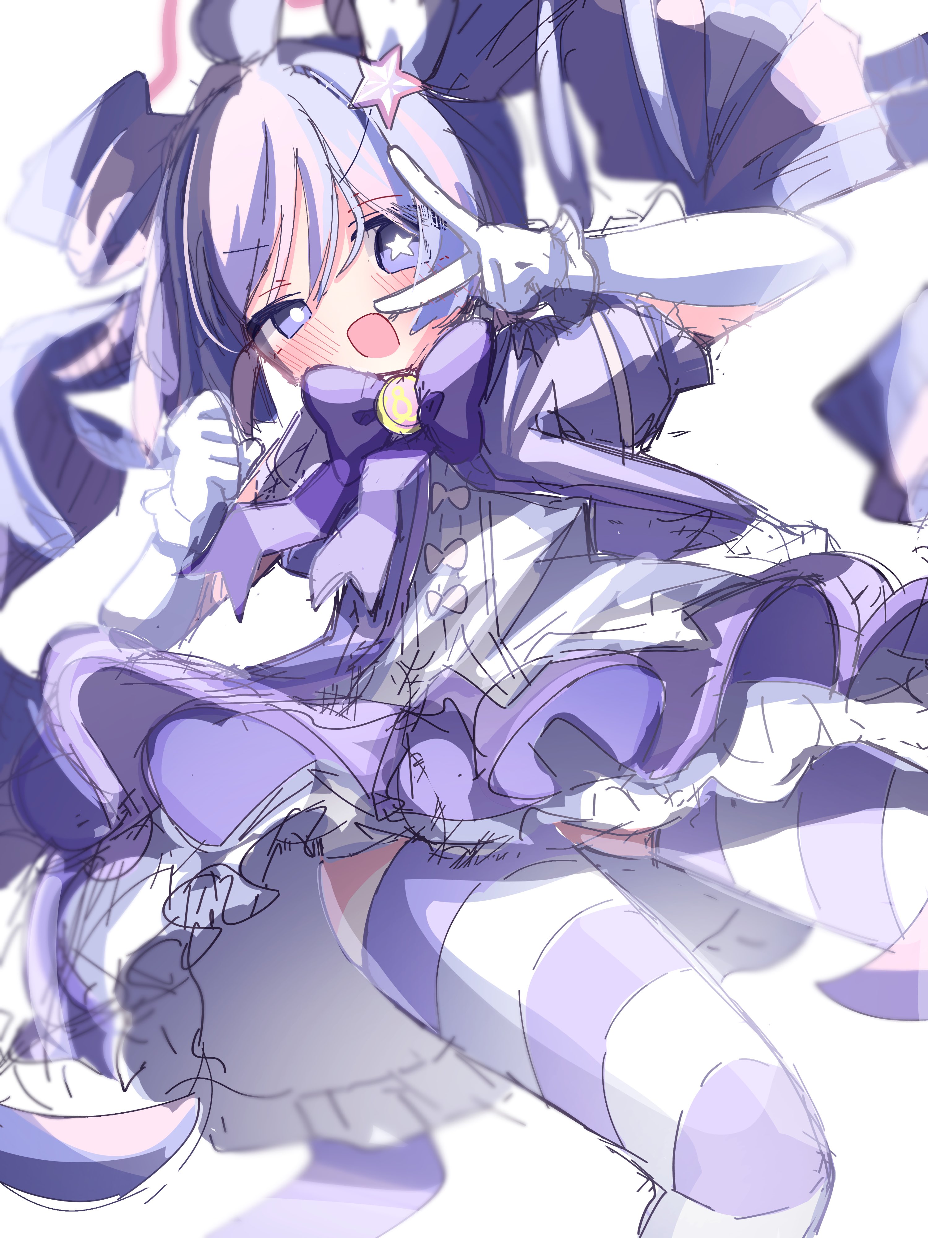 hinagi573, reisa (blue archive), reisa (magical) (blue archive), blue archive, absurdres, highres, 1girl, :d, ahoge, blue eyes, blue hair, blush, bow, bowtie, drill hair, elbow gloves, frills, gloves, hair ornament, halo, jacket, long hair, looking at viewer, magical girl, multicolored hair, open mouth, pink hair, purple bow, purple bowtie, purple hair, purple jacket, purple skirt, purple thighhighs, shirt, short sleeves, simple background, sketch, skirt, smile, solo, star-shaped pupils, star (symbol), star hair ornament, streaked hair, striped clothes, striped thighhighs, symbol-shaped pupils, thighhighs, twin drills, twintails, two-tone hair, v, very long hair, white background, white gloves, white shirt