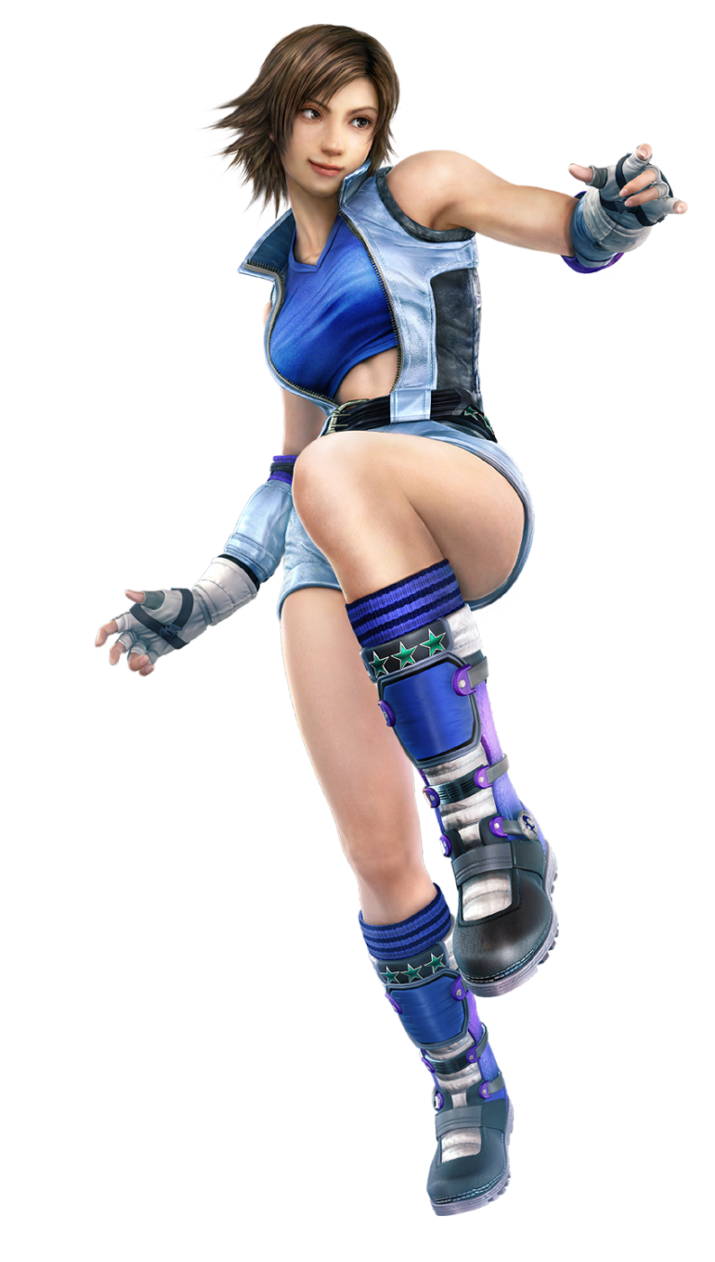 kazama asuka, tekken, highres, official art, 1girl, breasts, brown eyes, brown hair, female focus, full body, head tilt, jumpsuit, large breasts, romper, solo, standing, thighs, transparent background