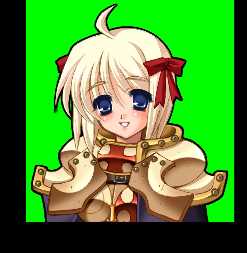 hakoiri nyanko, crusader (ragnarok online), ragnarok online, ahoge, armor, blonde hair, ribbon, short hair, smile, solo, warrior