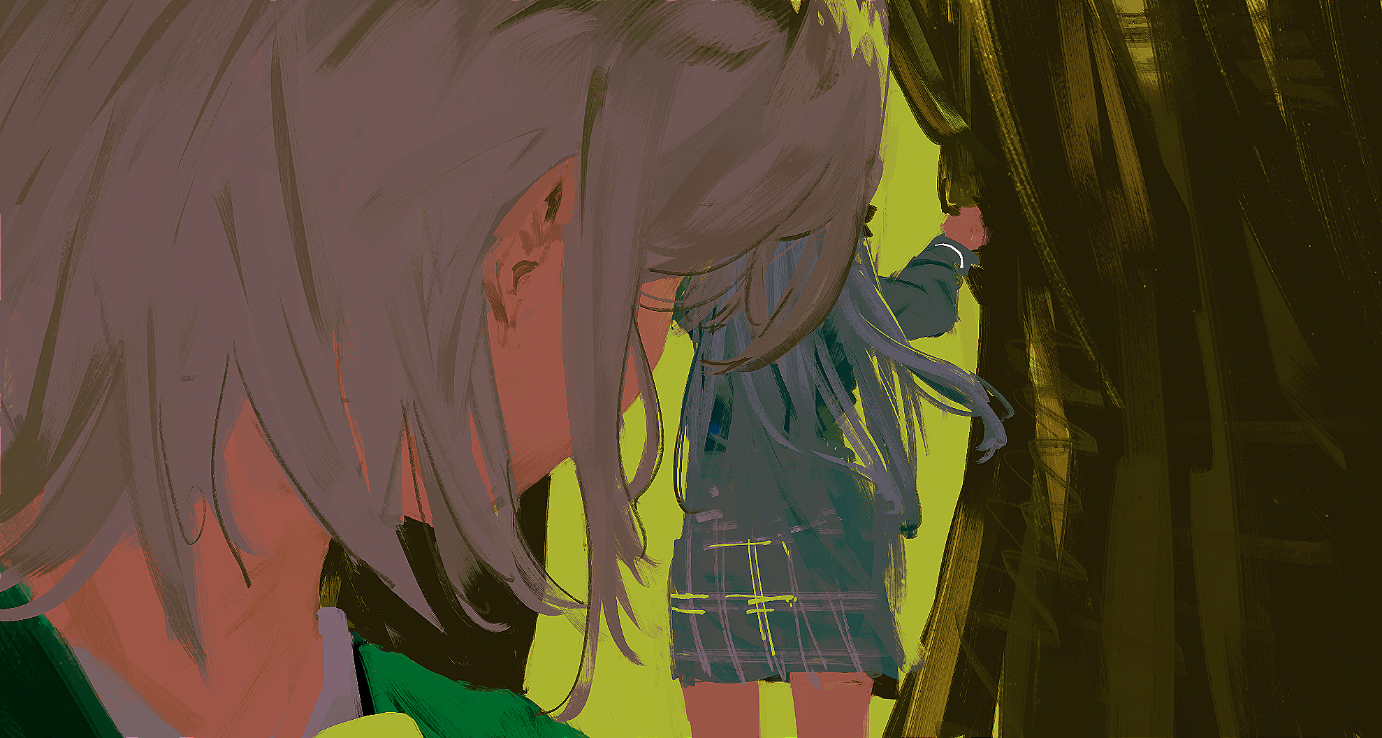 lemtun, takamatsu tomori, togawa sakiko, bang dream!, bang dream! it's mygo!!!!!, commentary, english commentary, highres, 2girls, blue hair, blue shirt, blue skirt, curtains, green background, grey hair, long hair, multiple girls, school uniform, shirt, short hair, sidelocks, skirt, tsukinomori school uniform