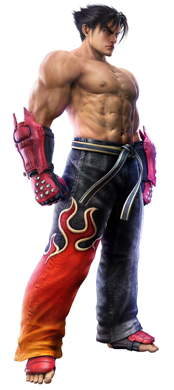 kazama jin, tekken, tekken 3, tekken tag tournament, highres, official art, 1boy, full body, male focus, solo, standing, topless male, transparent background