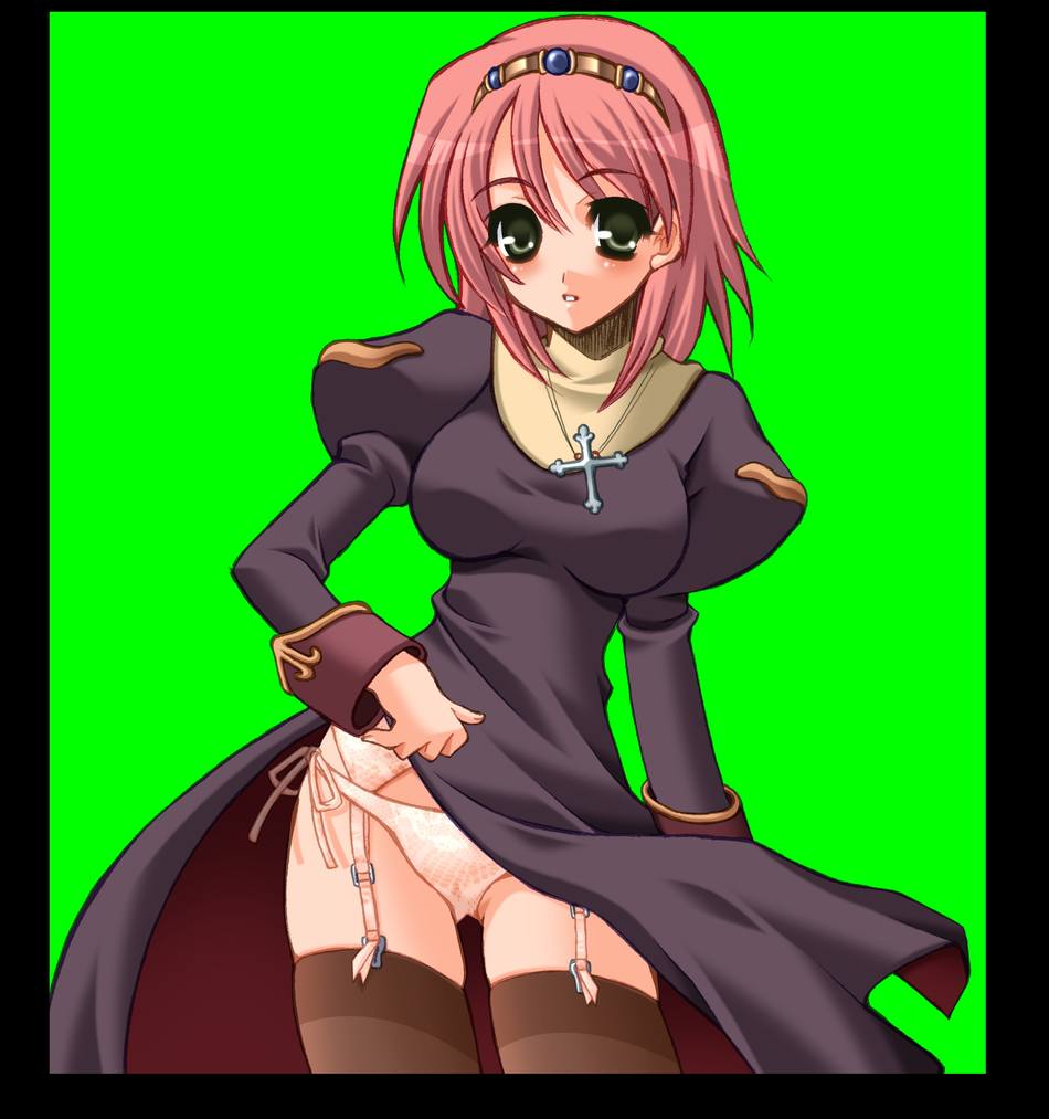 hakoiri nyanko, priest (ragnarok online), ragnarok online, circlet, garter belt, green eyes, lingerie, orange panties, panties, pink hair, priest, solo, thighhighs, underwear